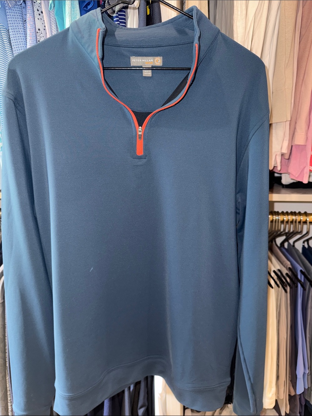 Peter Millar Teal Blue Quarter-Zip Pullover with Orange Trim